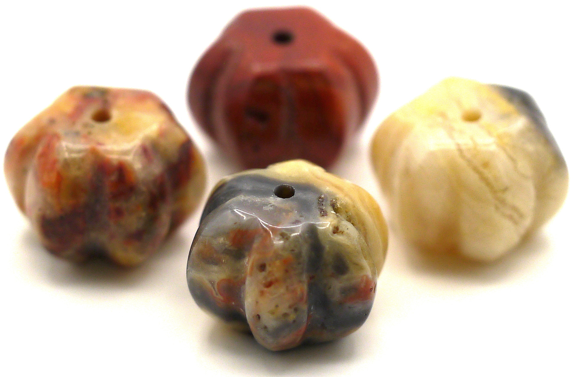 4pc 14x10mm Crazy Lace Agate Carved Pumpkin Beads - Bead Box Bargains