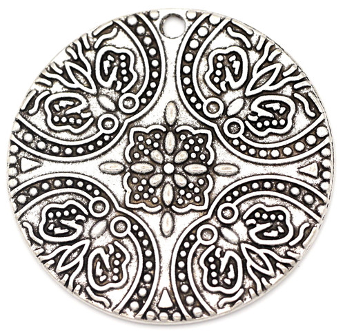 40mm Floral-Patterned Coin Pendant, Antique Silver