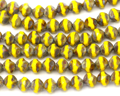 15pc Strand 9mm Czech Fire-Polished Baroque Faceted Barrel Beads, Dandelion/Picasso
