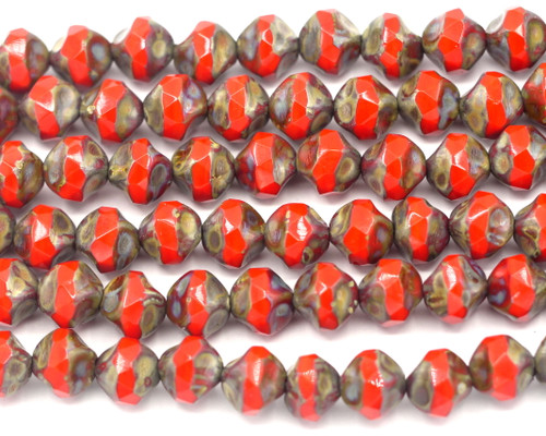 15pc Strand 8x10mm Czech Fire-Polished Fancy Faceted Rondelle Beads, Vivid Red/Picasso