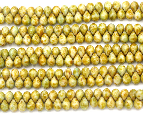 44pc Strand 5x7mm Czech Pressed Glass Top-Drilled Teardrop Beads, Sea Green/Almond/Picasso