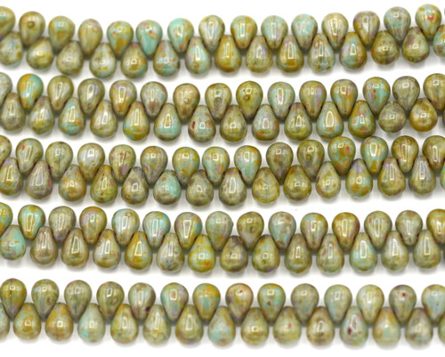 46pc Strand 4x6mm Czech Pressed Glass Top-Drilled Teardrop Beads, Turquoise Mix/Picasso