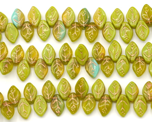 25pc 12x7mm Czech Pressed Glass Top-Drilled Leaf Beads, Green/Blue/Topaz Mix