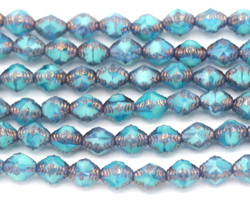 16pc 8x6mm Czech Fire-Polished Antik Bicone Beads, Blue Zircon Swirl/Bronze