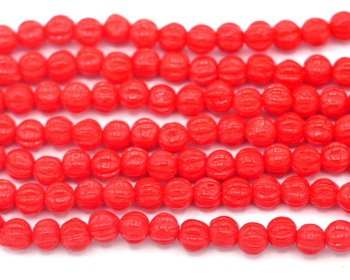 28pc Strand 4mm Czech Pressed Glass Corrugated Melon Beads, Coral Red