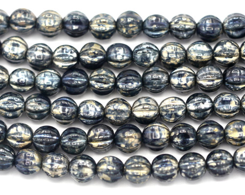 20pc Strand 6mm Czech Pressed Glass Corrugated Melon Beads, Jet/Silver Luster