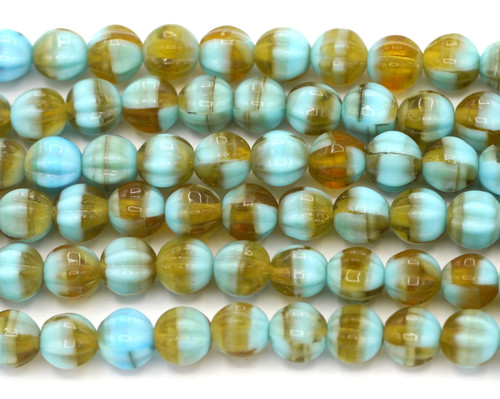 20pc Strand 6mm Czech Pressed Glass Corrugated Melon Beads, Amber/Turquoise