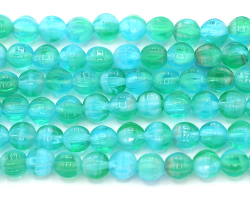 20pc Strand 6mm Czech Pressed Glass Corrugated Melon Beads, Aqua/Green Mix