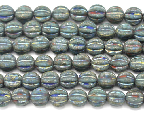12pc Strand 10mm Czech Pressed Glass Corrugated Melon Beads, Denim Blue/Vintage Luster