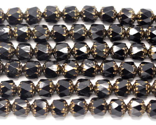 15pc Strand 8mm Czech Fire-Polished Cathedral Barrel Beads, Jet/Bronze