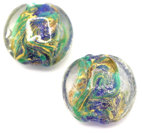 2pc Approx. 20.5mm Lampwork Glass Lentil Beads, Blue/Green/Gold Swirl