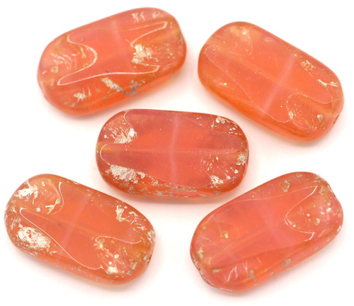 5pc 18x6mm Czech Table-Cut Glass Wavy Rectangle Bead, Pink Opal/Silver Wash