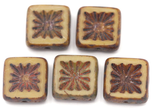 5pc 10mm Czech Table-Cut Glass Sunburst Square Beads, Almond/Picasso