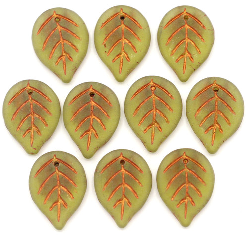 10pc 18x13mm Czech Pressed Glass Top-Drilled Leaf Beads, Matte Olive/Copper Wash