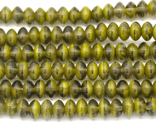 25pc Strand 8x5mm Czech Pressed Glass Rondelle Beads, Olive Swirl