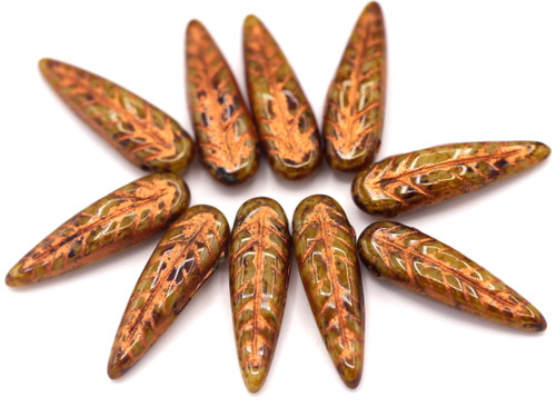 10pc 5x17mm Czech Pressed Glass Feather Beads, Almond/Picasso/Copper Wash