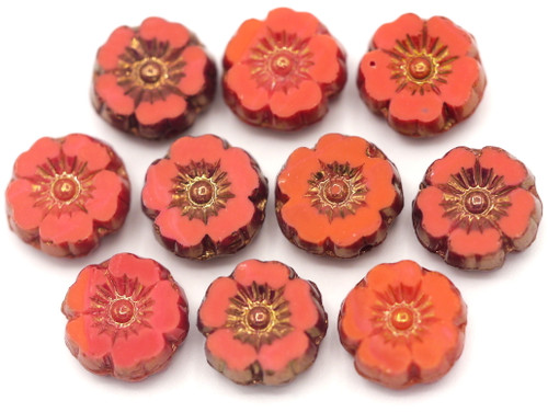 4pc 16x11mm Czech Pressed Glass Tulip Beads, Matte Red/Gold Wash