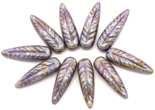 10pc 5x17mm Czech Pressed Glass Feather Beads, Picasso Lavender