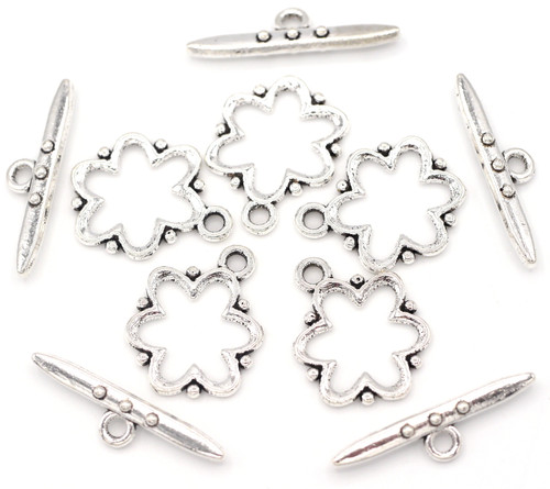 5 Sets 19x24mm Dotted Flower Toggle Clasps, Antique Silver