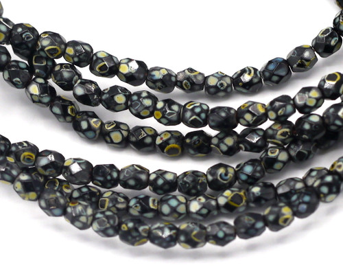 48pc Strand 4mm Czech Fire-Polished Faceted Round Beads, Jet Picasso