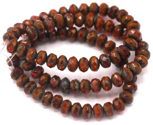 30pc Strand 5x3mm Czech Fire-Polished Faceted Rondelle Beads, Rust Red/Orange/Picasso Mix