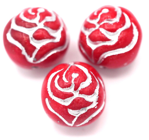 3pc 13mm Czech Pressed Glass Rosebud Beads, Red/Silver Wash