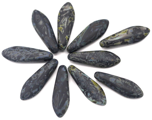 10pc 16x5mm Czech Dagger Beads, Matte Jet/Picasso