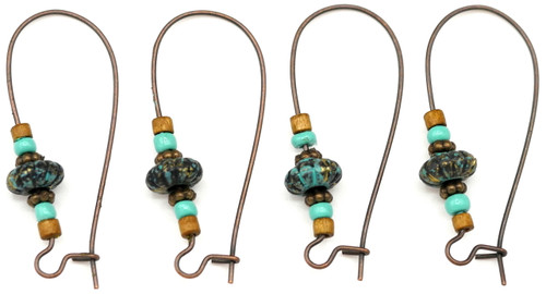 4pc 39x16mm Nickel-Free Decorated Kidney Earwire, Antique Copper/Blue/Wood