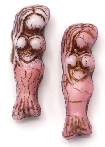 2pc 25mm Czech Pressed Glass Mermaid Beads, Varied Pink/Picasso Bronze