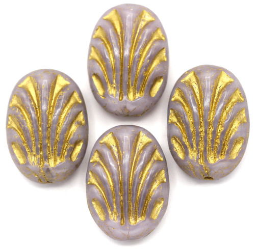 4pc 12x17mm Czech Pressed Glass Decorative Oval Bead, Pale Lavender Satin/Gold Wash