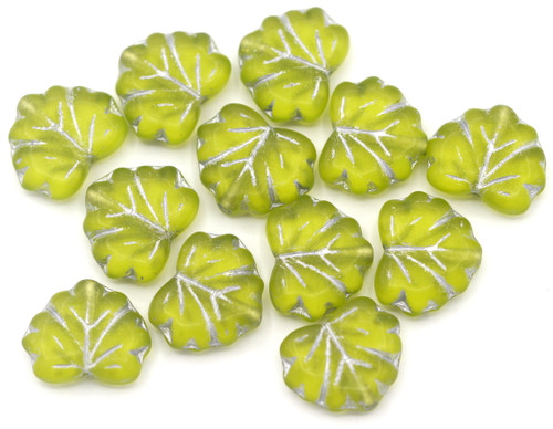 12pc 11x13mm Czech Pressed Glass Maple Leaf Beads, Matte Olive/Silver Wash