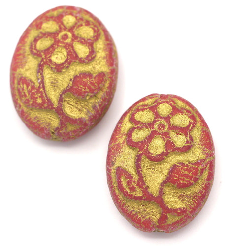 2pc 21x16mm Czech Pressed Glass Flower Oval Bead, Matte Opaque Red/Heavy Gold Wash