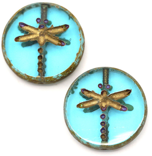 2pc 17mm Czech Table-Cut Glass Dragonfly Coin Beads, Aqua/Picasso/Gold Wash