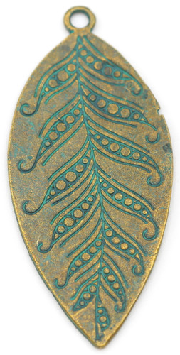 60x28mm Textured Marquis Leaf Pendant, Antique Bronze/Green Patina