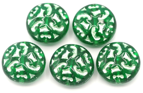 5pc 14mm Czech Pressed Glass Fancy Patterned Lentil Beads, Emerald/Pale Green Wash