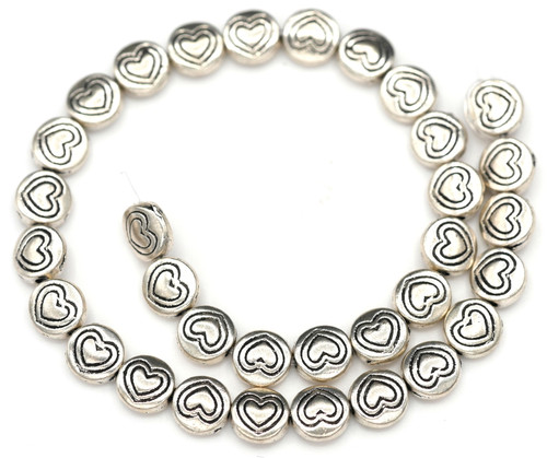 Approx. 32pc Strand 6.5mm Heart Coin Spacer Beads, Antique Silver