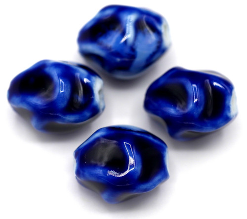 4pc Approx. 17x14mm Porcelain Rippled Oval Bead, Classic Blue