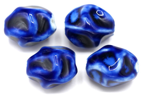 4pc Approx. 17x14mm Porcelain Rippled Oval Bead, Classic Blue