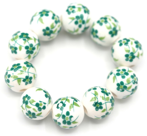 10pc Strand Approx. 12mm Porcelain Floral Round Beads, Green Blossom