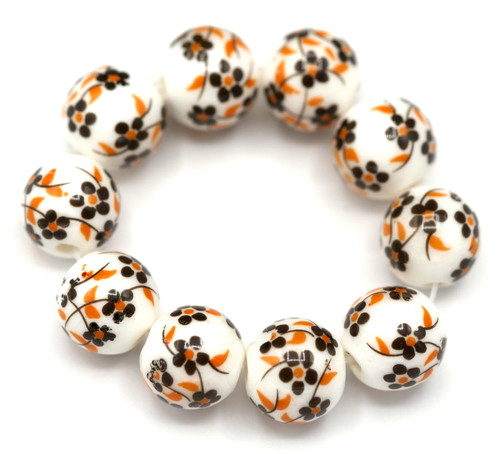 10pc Strand Approx. 12mm Porcelain Floral Round Beads, Jet Blossom/Orange Leaves