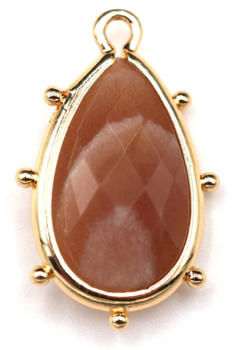 1pc 22x13mm Sunstone & Moonstone Faceted Spoked Teardrop Pendant w/Gold-Finished Brass