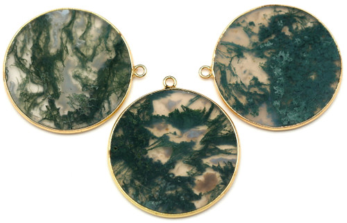 1pc Approx. 33mm Moss Agate Brass-Edged Disc Pendant, Gold Finish