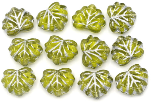 12pc 11x13mm Czech Pressed Glass Maple Leaf Beads, Olive/Silver Wash