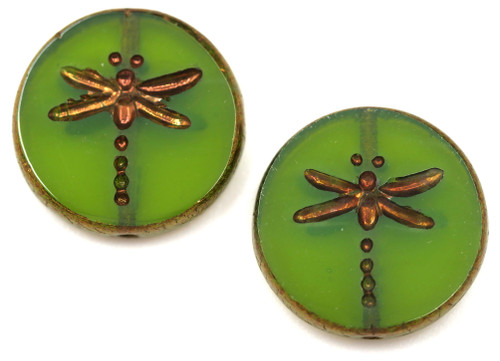 2pc 17mm Czech Table-Cut Glass Dragonfly Coin Beads, Green Opal/Bronze Luster