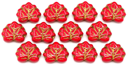 12pc 13x11mm Czech Pressed Glass Maple Leaf Beads, Opaque Red/Gold Wash