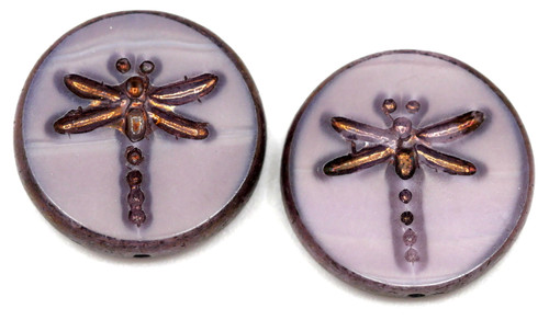 2pc 17mm Czech Table-Cut Glass Dragonfly Coin Beads, Purple Silk/Bronze