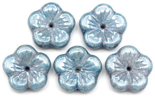 5pc 14mm Czech Pressed Glass 5-Petal Flower Beads, Alabaster/Blue Luster