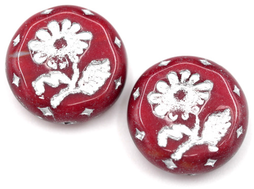 2pc 18mm Czech Pressed Glass Flower Coin Beads, Opaque Varied Red/Silver Wash