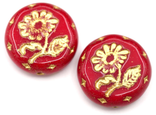 2pc 18mm Czech Pressed Glass Flower Coin Beads, Opaque Varied Red/Gold Wash