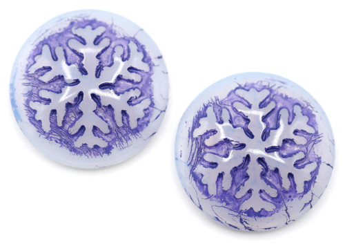2pc 21mm Czech Pressed Glass Snowflake Cabochon (Undrilled), White Opal/Purple Wash